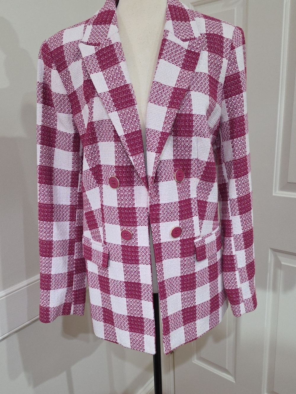 Liz Claiborne Pink & White Check Double-Breasted Tweed Blazer- Size 12 - Picture 1 of 11